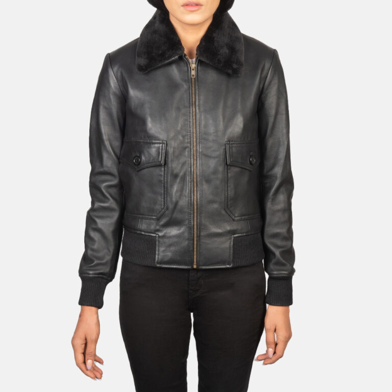 Womens Stella G-1 Black Leather Bomber Jacket Close Front-5-1652201341412